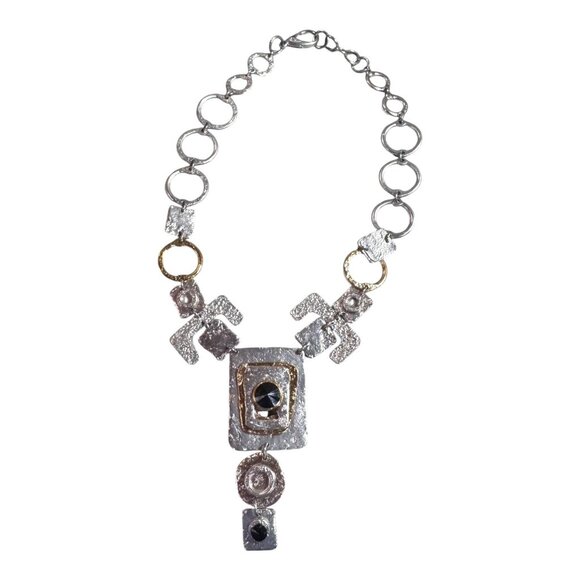 Estate Signed J Jansen Designs Brutalist Silver Plated Statement Necklace Modern - Picture 9 of 14